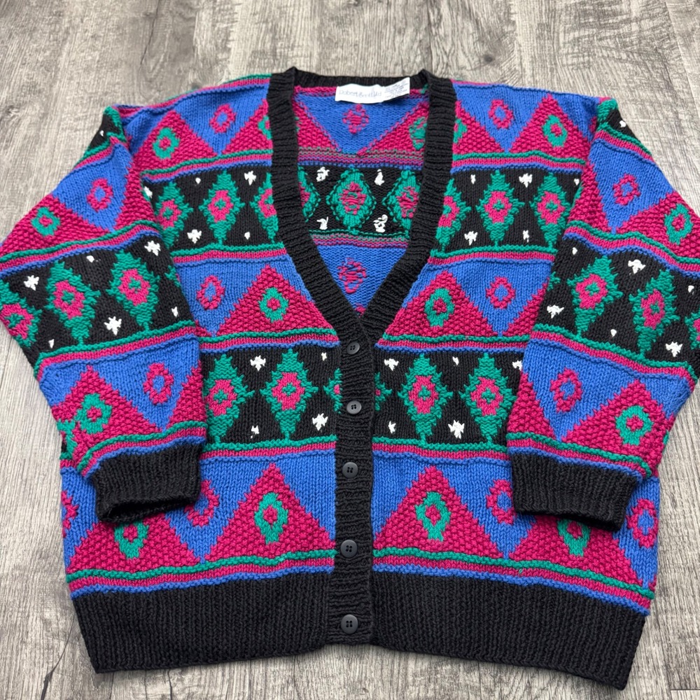 Vintage Robert Scott Ltd Multicolor Pattered Cardigan Sweater Sz L - Picture 6 of 6